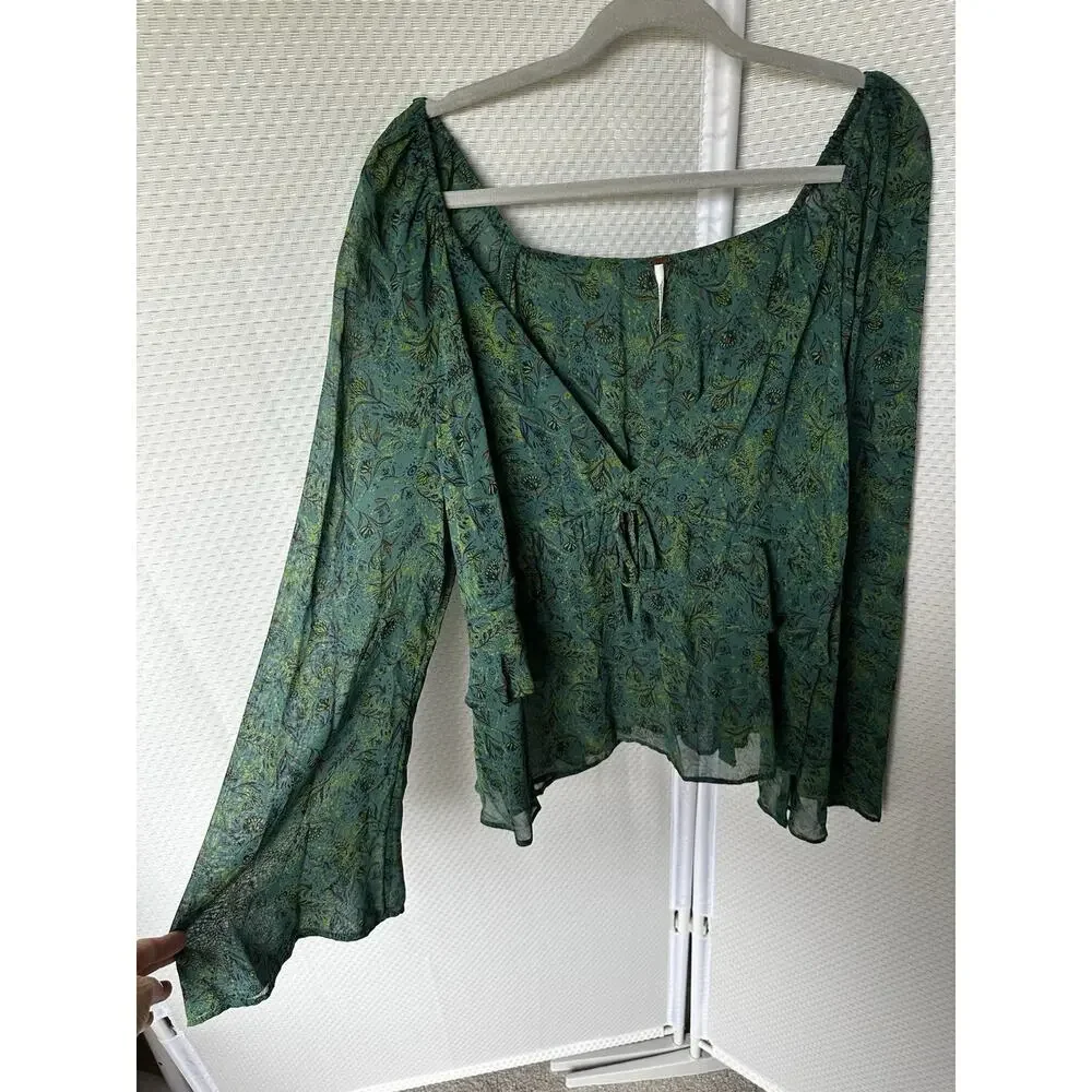 Free People Teal Green Printed Peasant Blouse
